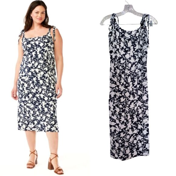 Free Assembly Blue Floral Sleeveless Tie Shoulder Midi Slip Dress Medium - Picture 3 of 16